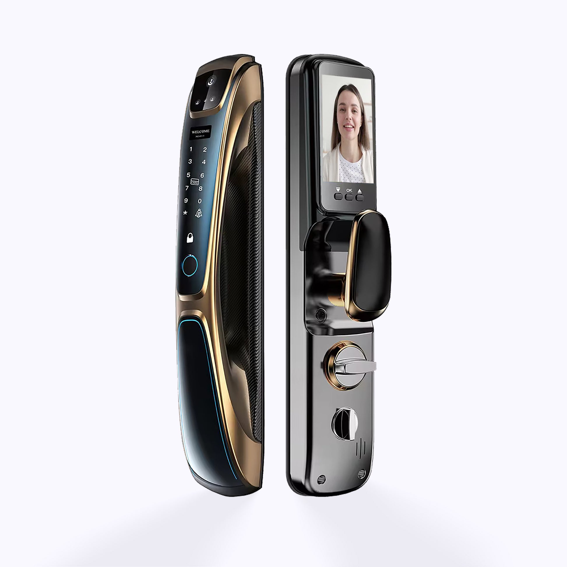 Serrure Intelligente LUX25 Face ID installée sur une porte d’entrée moderne – design premium et sécurité biométrique TECHY.