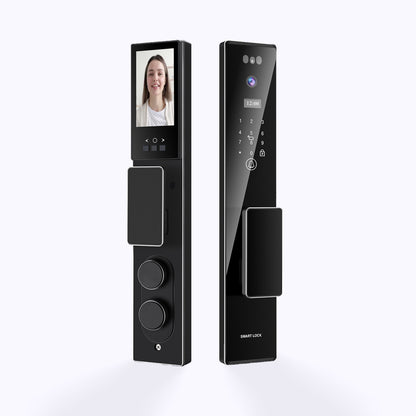 Serrure intelligente supra17 Face ID installée sur une porte moderne – caméra HD et écran tactile visibles.