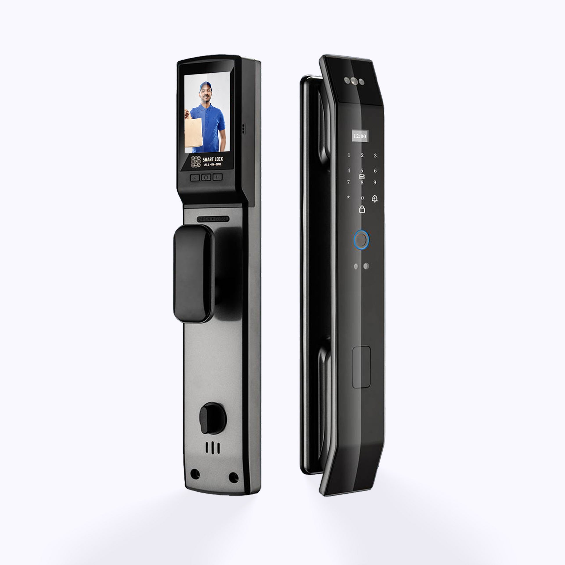 Serrure Intelligente LOB 04 Face ID Tuya Smart installée sur une porte d’entrée moderne, montrant son design élégant et sa caméra intégrée.