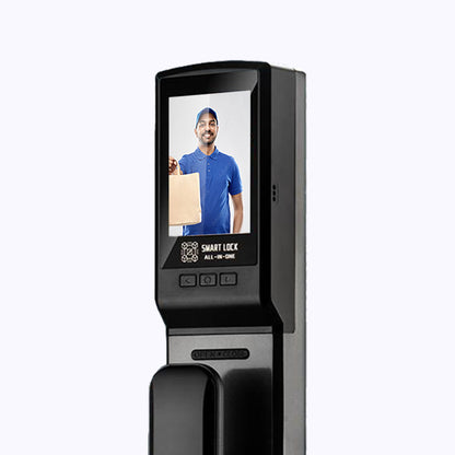 Utilisation de la serrure empreinte digitale LOB 04 avec reconnaissance faciale 3D, démontrant la technologie de sécurité avancée et la domotique maison.